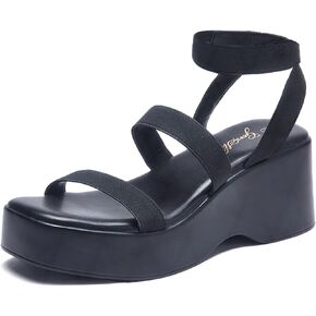 GENSHUO Women's Platform Open Toe Ankle Strap Casual Elastic Strap Flatform Wedge Sandals