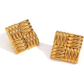 18k Gold Plated Square Stud Earrings Stainless Steel Striped Geometric Chunky Dangle Drop Statement Studs Earring Personalized Birthday Jewelry Gifts for Women Girls BBF