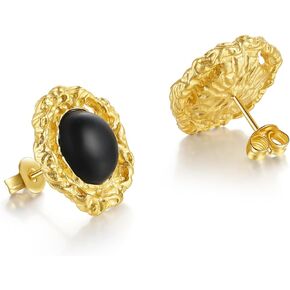 18K Gold Plated Stud Earrings, Round Abrazine Onyx Gemstones Earrings, Black Earrings Onyx Sun Jewelry S925 Sterling Silver Earring Small 6mm Post Earrings Round for Women Girls Couple Lover ZHOU LIU