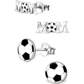 925 Sterling Silver Set of 2 Pairs Soccer Mom Stud Earrings for Girls (Nickel Free) 20509