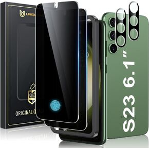 UniqueMe for Samsung Galaxy S23 6.1 inch Privacy Screen Protector,【Ultrasonic Fingerprint Compatible】[2+2 Pack] 9H Tempered Glass and Camera Lens Protector
