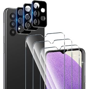 QHOHQ 3 Pack Screen Protector for Samsung Galaxy A32 5G/M32 5G (Not fit A32 4G＆M32 4G) with 3 Pack Camera Lens Protector, HD Tempered Glass Film, 9H Hardness, Anti-Scratch, Easy Install, Case Friendly