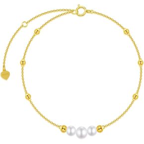 14K Solid Gold Bracelet for Women, Dainty Real Gold Cultured Freshwater Pearl/Beads/Leaf Bracelets Anniversary Jewelry Present for Wife, Mom, 8.1inch