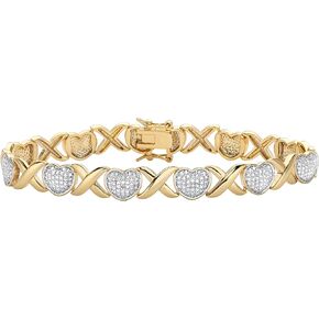 PalmBeach 18K Yellow Gold Plated Genuine Diamond Accent Hearts and Kisses Link Bracelet 7.5"