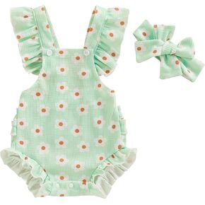 Karwuiio Little Baby Girls Summer Clothes Fly Sleeve Ruffle Bodysuit Jumpsuit with Headband Infant 2Pcs Outfits in Kuwait