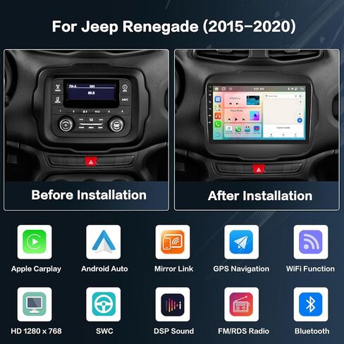 راديو ترقية ستيريو للسيارة 8-Core 4+64G Android 13 لسيارة Jeep Renegade 2015-2020، شاشة لمس عالية الدقة مقاس 9 بوصات مع CarPlay اللاسلكي وAndroid Auto، كاميرا احتياطية AHD، وصلة مرآة، ملاحة GPS in Saudi Arabia