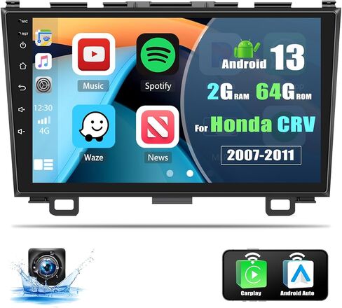 [2+64G] ستيريو سيارة Android 13 لسيارة Honda CRV 2007-2011 مع Apple Carplay&Android Auto، راديو سيارة بشاشة تعمل باللمس 9 بوصة مع وصلة مرآة GPS واي فاي بلوتوث FM/RDS SWC مزدوج USB/AUX-in+كاميرا احتياطية in Saudi Arabia