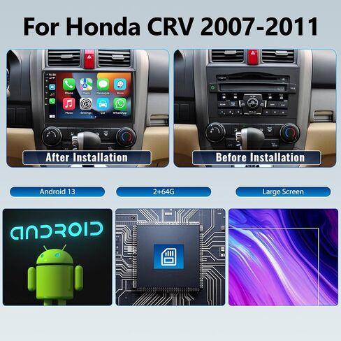 [2+64G] ستيريو سيارة Android 13 لسيارة Honda CRV 2007-2011 مع Apple Carplay&Android Auto، راديو سيارة بشاشة تعمل باللمس 9 بوصة مع وصلة مرآة GPS واي فاي بلوتوث FM/RDS SWC مزدوج USB/AUX-in+كاميرا احتياطية in Saudi Arabia