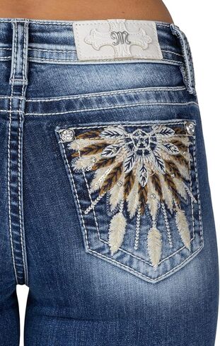 Miss Me Women's Mid-Rise Sunburst Feather Dreamcatcher Embellished Pockets Bootcut Jeans in Saudi Arabia