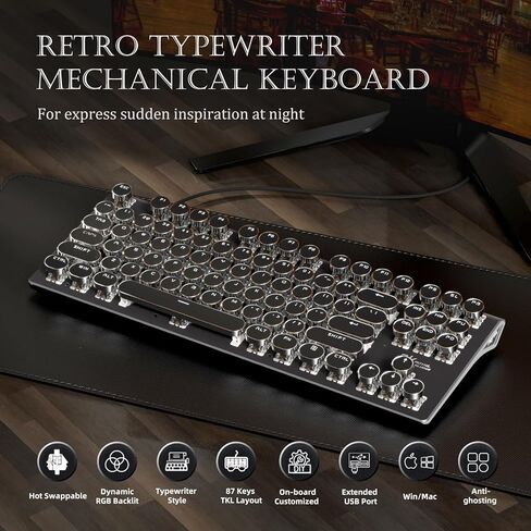 RK ROYAL KLUDGE S87 Typewriter Mechanical Keyboard, Hot Swappable Wired PC Gaming Keyboard, 75% Layout RGB 87 Keys Slim Keyboards with Retro Punk Round Keycaps, Blue Switch, Black in Saudi Arabia