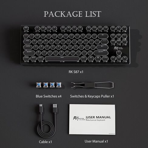 لوحة مفاتيح ميكانيكية للآلة الكاتبة RK ROYAL KLUDGE S87، لوحة مفاتيح سلكية لألعاب الكمبيوتر الشخصي قابلة للتبديل السريع، 75% تخطيط RGB 87 مفتاحًا لوحات مفاتيح رفيعة مع أغطية مفاتيح دائرية كلاسيكية، مفتاح أزرق، أسود in Kuwait