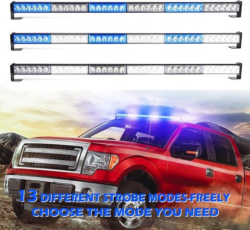شريط إضاءة ستروب للطوارئ 36 بوصة 36 LED 16 وضعًا وامضًا فائق السطوع وغطاء من الألومنيوم المقاوم للماء وقوس قابل للتعديل ضوء الطوارئ للسيارات والشاحنات والمركبات، أزرق وأبيض in Kuwait