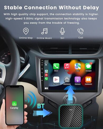 محول Roinvou اللاسلكي CarPlay، دونجل توصيل وتشغيل مطور لهاتف iPhone مع واي فاي ثنائي النطاق 2.4 و5.8 جيجا هرتز، سهل التركيب والتحديثات عبر الإنترنت، متوافق مع موديلات سيارات CarPlay السلكية OEM in Saudi Arabia