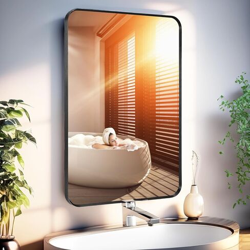 مرآة حمام مقاس 20 × 30 بوصة - مرايا مثبتة على الحائط بإطار مستطيل من الألومنيوم الأسود - مرايا حمام كبيرة مستديرة الزاوية فوق الحوض - ديكور ممتاز لمرآة زينة الحمام in Saudi Arabia