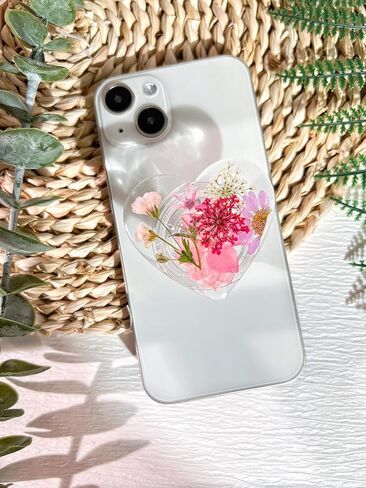 حامل قبضة الهاتف على شكل زهور وردية مضغوطة، ملحق هاتف خلوي شفاف قابل للطي وقابل للتوسيع مصنوع يدويًا، حامل هاتف من الزهور الطبيعية المجففة، دعم الهاتف اللوحي in Kuwait