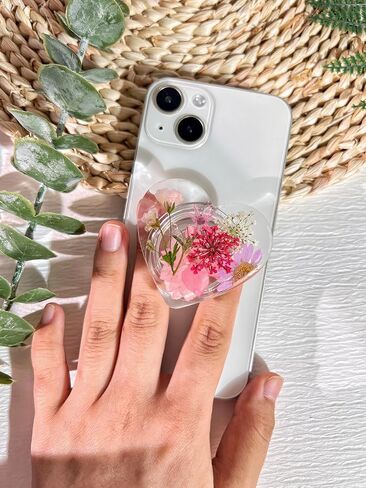 حامل قبضة الهاتف على شكل زهور وردية مضغوطة، ملحق هاتف خلوي شفاف قابل للطي وقابل للتوسيع مصنوع يدويًا، حامل هاتف من الزهور الطبيعية المجففة، دعم الهاتف اللوحي in Kuwait