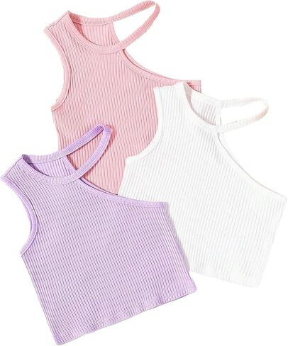 OYOANGLE Girl's 3 Pack Sleeveless Asymmetrical Neck Ribbed Knit Crop Cami Tops Summer Solid Camisole in Saudi Arabia