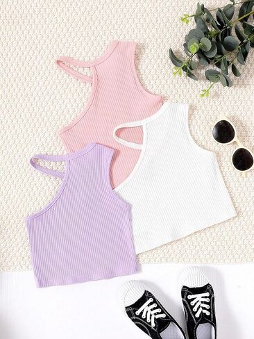 OYOANGLE Girl's 3 Pack Sleeveless Asymmetrical Neck Ribbed Knit Crop Cami Tops Summer Solid Camisole in Saudi Arabia