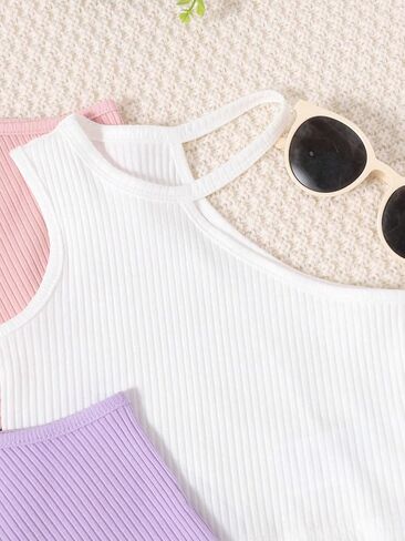 OYOANGLE Girl's 3 Pack Sleeveless Asymmetrical Neck Ribbed Knit Crop Cami Tops Summer Solid Camisole in Saudi Arabia