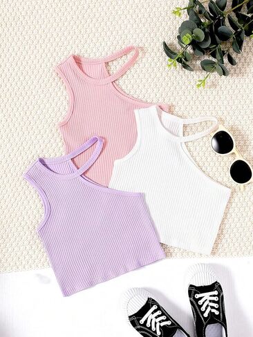 OYOANGLE Girl's 3 Pack Sleeveless Asymmetrical Neck Ribbed Knit Crop Cami Tops Summer Solid Camisole in Saudi Arabia