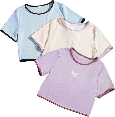 OYOANGLE Girl's 3 Pack Cute Butterfly Print Short Sleeve T-Shirts Ribbed Knit Summer Crop Tee Tops in Saudi Arabia