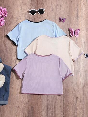 OYOANGLE Girl's 3 Pack Cute Butterfly Print Short Sleeve T-Shirts Ribbed Knit Summer Crop Tee Tops in Saudi Arabia