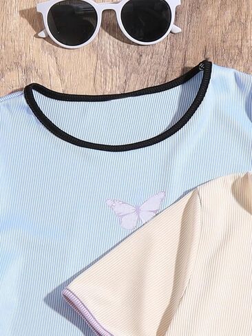 OYOANGLE Girl's 3 Pack Cute Butterfly Print Short Sleeve T-Shirts Ribbed Knit Summer Crop Tee Tops in Saudi Arabia