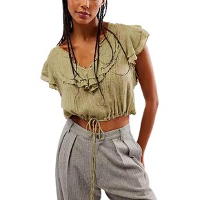 Women Summer Cute Button Shirt Y2K Low Cut V-Neck Short Sleeve Ruffle Trim Blouse Top Y2K Going Out Shirt Streetwear in Kuwait