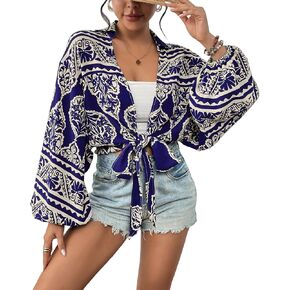 Eddoyee Women's Deep V Neck Tie Front Knot Wrap Tops Long Lantern Sleeve Casual Boho Blouses Loose Tunic Self-tie Shirts in Kuwait