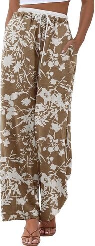Womens Wide Leg Pants Flowy Hight Waist Adjustable Drawstring Palazzo Trousers Casual Patchwork Pants with Pockets in Saudi Arabia
