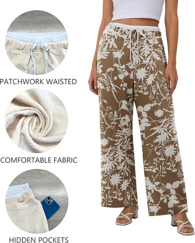 Womens Wide Leg Pants Flowy Hight Waist Adjustable Drawstring Palazzo Trousers Casual Patchwork Pants with Pockets in Saudi Arabia