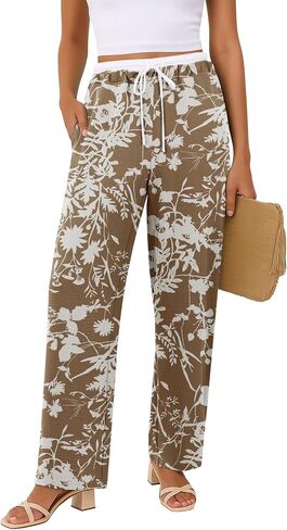 Womens Wide Leg Pants Flowy Hight Waist Adjustable Drawstring Palazzo Trousers Casual Patchwork Pants with Pockets in Saudi Arabia