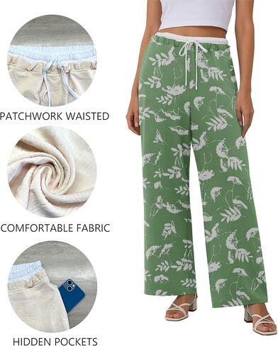 Womens Wide Leg Pants Flowy Hight Waist Adjustable Drawstring Palazzo Trousers Casual Patchwork Pants with Pockets in Saudi Arabia