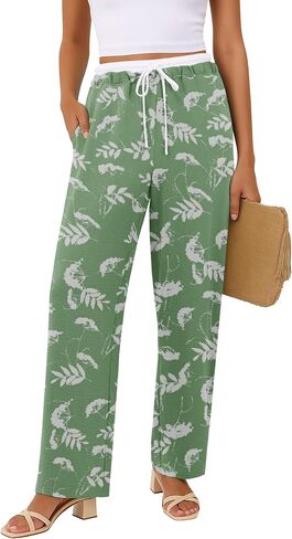 Womens Wide Leg Pants Flowy Hight Waist Adjustable Drawstring Palazzo Trousers Casual Patchwork Pants with Pockets in Saudi Arabia