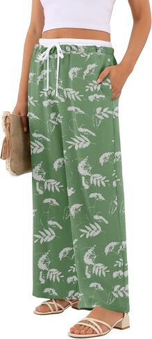 Womens Wide Leg Pants Flowy Hight Waist Adjustable Drawstring Palazzo Trousers Casual Patchwork Pants with Pockets in Saudi Arabia