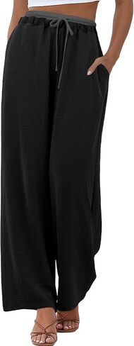 Womens Wide Leg Pants Flowy Hight Waist Adjustable Drawstring Palazzo Trousers Casual Patchwork Pants with Pockets in Saudi Arabia