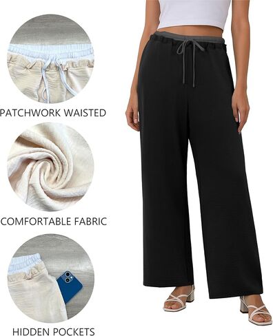Womens Wide Leg Pants Flowy Hight Waist Adjustable Drawstring Palazzo Trousers Casual Patchwork Pants with Pockets in Saudi Arabia