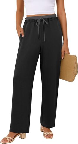 Womens Wide Leg Pants Flowy Hight Waist Adjustable Drawstring Palazzo Trousers Casual Patchwork Pants with Pockets in Saudi Arabia