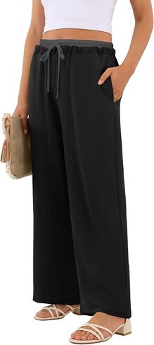 Womens Wide Leg Pants Flowy Hight Waist Adjustable Drawstring Palazzo Trousers Casual Patchwork Pants with Pockets in Saudi Arabia