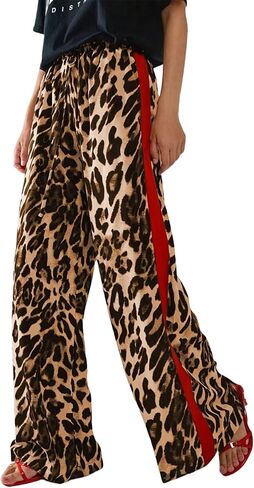 Women's Leopard Print Pants Drawstring Color Block Side Striped Pants Y2K Cheetah Wide Leg Trousers with Pockets in Kuwait