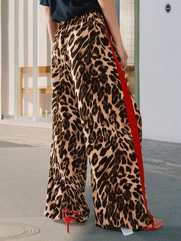 Women's Leopard Print Pants Drawstring Color Block Side Striped Pants Y2K Cheetah Wide Leg Trousers with Pockets in Kuwait
