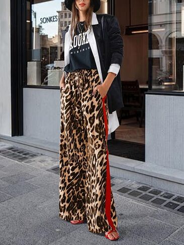 Women's Leopard Print Pants Drawstring Color Block Side Striped Pants Y2K Cheetah Wide Leg Trousers with Pockets in Kuwait
