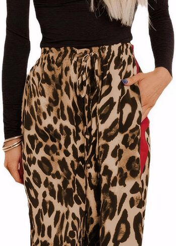 Women's Leopard Print Pants Drawstring Color Block Side Striped Pants Y2K Cheetah Wide Leg Trousers with Pockets in Kuwait