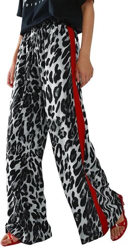 Women's Leopard Print Pants Drawstring Color Block Side Striped Pants Y2K Cheetah Wide Leg Trousers with Pockets in Kuwait