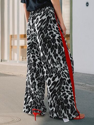 Women's Leopard Print Pants Drawstring Color Block Side Striped Pants Y2K Cheetah Wide Leg Trousers with Pockets in Kuwait