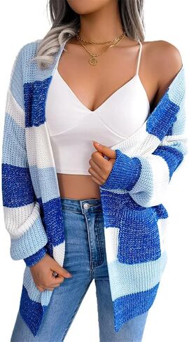 JUNBOON Women's Striped Long Sleeve Open Front Knit Cardigan Casual Pullover Sweater in Kuwait