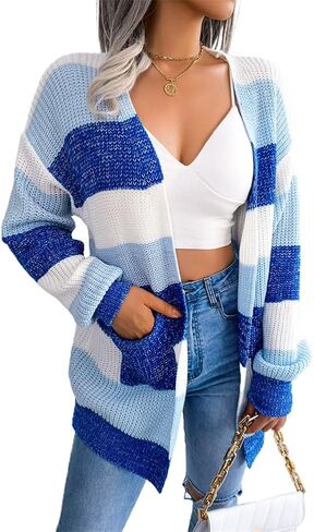 JUNBOON Women's Striped Long Sleeve Open Front Knit Cardigan Casual Pullover Sweater in Kuwait