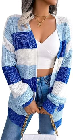JUNBOON Women's Striped Long Sleeve Open Front Knit Cardigan Casual Pullover Sweater in Kuwait