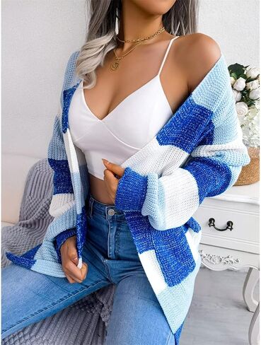 JUNBOON Women's Striped Long Sleeve Open Front Knit Cardigan Casual Pullover Sweater in Kuwait