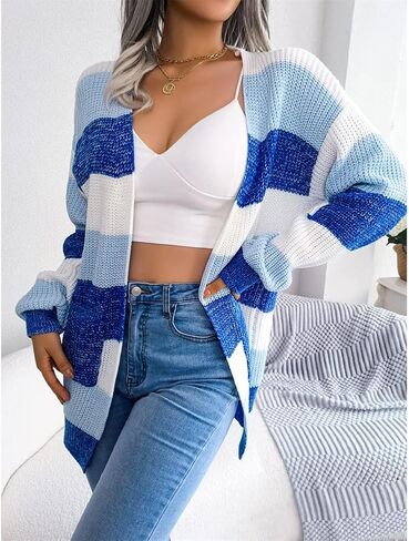 JUNBOON Women's Striped Long Sleeve Open Front Knit Cardigan Casual Pullover Sweater in Kuwait